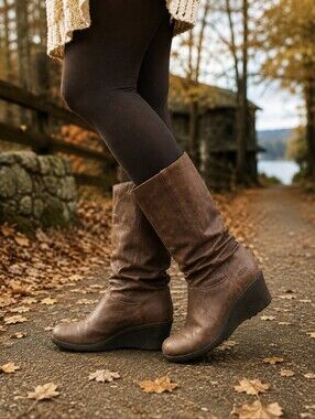 KEEN Akita Mid Brown Leather Slouch Wedge Boots Women’s Size 9